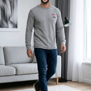 Polo Ralph Lauren Gray Waffle Knit Thermal Flag Logo Elbow Patch M